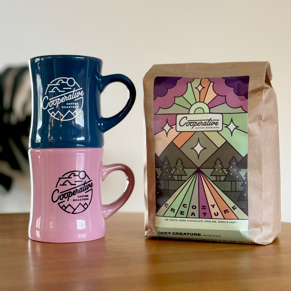 2 pounds of our Cozy Creature Winter blend + 2 Diner Mugs